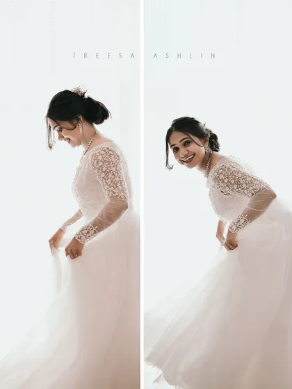 A diptych of the bride in her beautiful white gown, capturing her joyful and playful spirit.