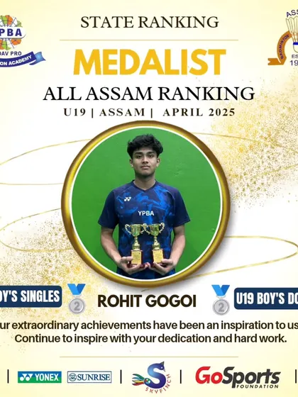 Rohit Gogoi with two Silver medals in U19 Boy's Singles and Boy's Doubles at the All Assam Ranking tournament.