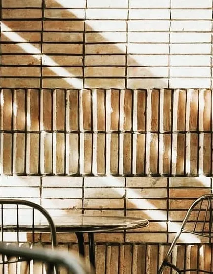 We love playing with bricks and patterns. The way the sunlight casts diagonal shadows across this textured brick wall adds another layer of dynamic design to the space.