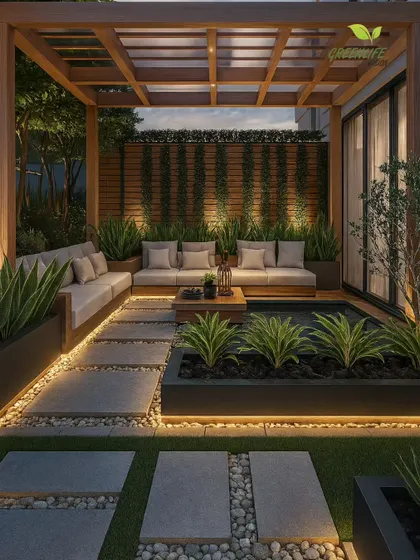 This design showcases a sophisticated outdoor lounge with a pergola, built-in planters with snake plants, and a combination of stone pavers and pebbles. The integrated lighting highlights the clean lines and textures.