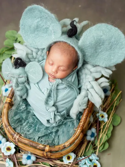 A sweet little mouse dreaming of cheese. This creative setup features a newborn in a cute mouse costume, nestled in a basket.