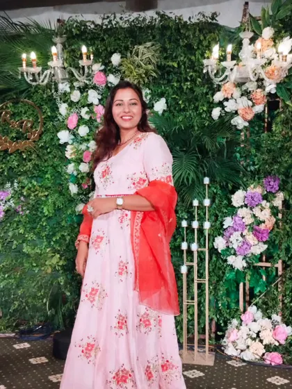 A full-length view of my beautiful floral gown for an elegant evening event.