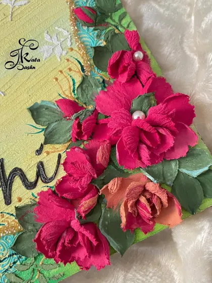 The deep red roses on this nameboard create a bold contrast against the neutral yellow base. I focused on making the petals look realistic and full of texture, as if they were freshly picked.