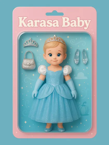 Another take on the Cinderella dream. This AI-generated image visualizes a custom princess gown as a beautiful doll, complete with a tiara, gloves, and glass slippers.