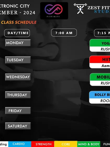 Our December 2024 schedule, which included evening classes in Yoga, HIIT, Mobility, and Bolly Beats to keep our members active during the holiday season.