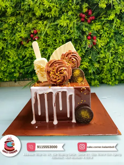 A square chocolate drip cake topped with chocolate rosettes, Oreos, and a cakesicle. This is an indulgent treat for a serious chocoholic.