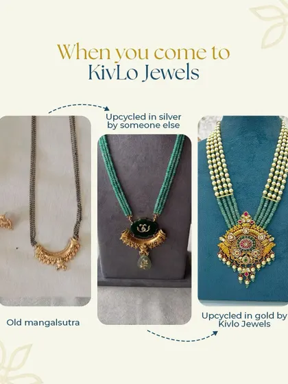 This mangalsutra has a special story. It was first upcycled elsewhere in silver, but the client wasn't happy. She brought it to us, and we gave it the golden glow-up it deserved, transforming it into a temple-style masterpiece.