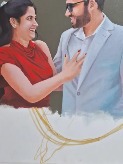 A work-in-progress view of a candid couple portrait. At this stage, the figures are fully rendered, and I am preparing to work on the background and final details that will complete the scene.