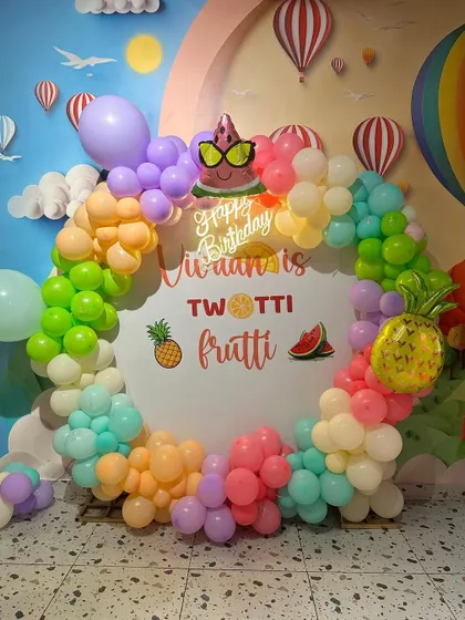 The full view of our vibrant "Twotti Frutti" birthday setup, perfect for a summer celebration.