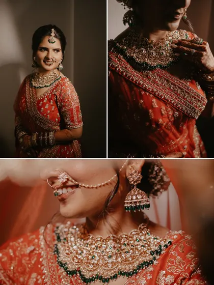 A collage of the bride's stunning details, from her intricate jewelry to her radiant smile.