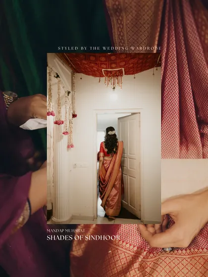 A collage showcasing the "Shades of Sindhoor" for a Gujarati pre-wedding ritual, celebrating the cultural significance of red.