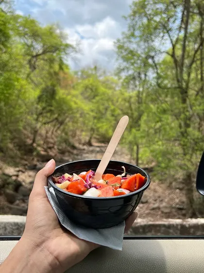 Healthy food on the go. Enjoying a fresh fruit salad while on a road trip proves that you can stick to your health goals no matter where you are.