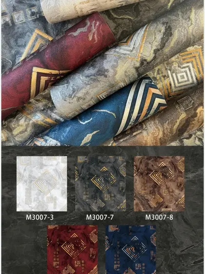 A catalog page showing five color variations of an abstract geometric wallpaper design.