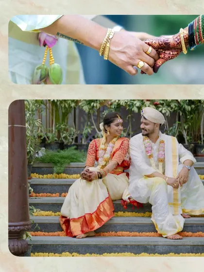 A collage from a Telugu wedding, showing the couple sharing quiet moments on the steps and holding hands. It highlights the beauty of their traditional attire and their gentle connection.