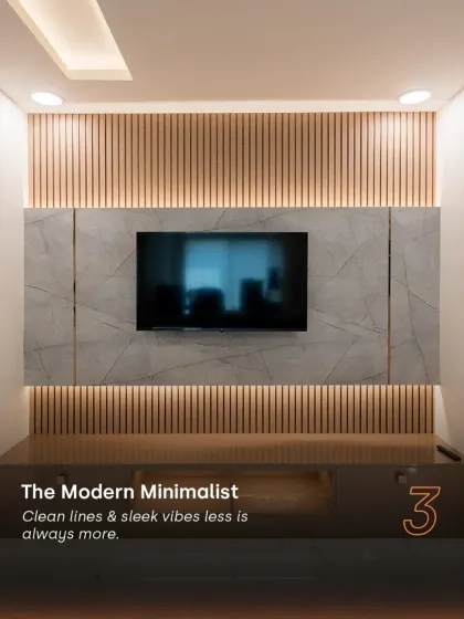 For the modern minimalist, this design uses clean lines and a combination of fluted wood panels and a stone-finish backdrop. The backlighting adds depth and ambiance, proving that less is indeed more.