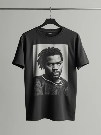 This image demonstrates a product shot for a dark-colored garment, ensuring the graphic details remain sharp and visible. Proper lighting is key for showcasing prints on black apparel.