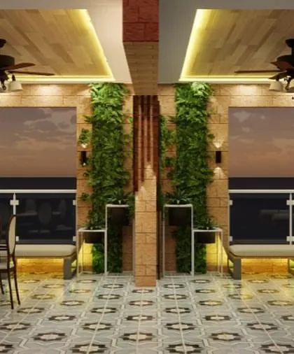 This 3D visualization provides a different perspective of the semi-outdoor concept, focusing on the dining and seating arrangement against a backdrop of vertical gardens and city views.
