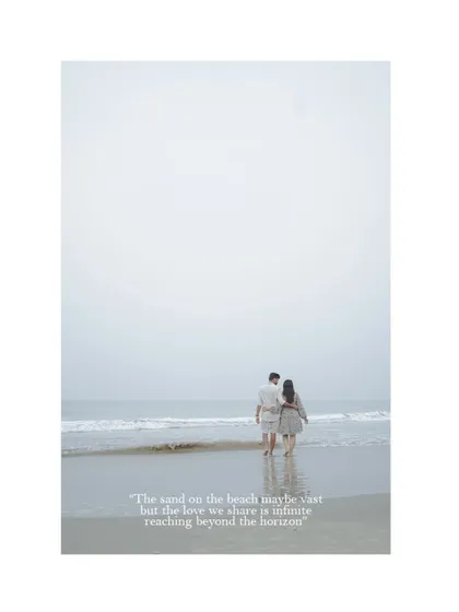 A minimalist and poetic shot of the couple walking along the beach. The vast, open space and the quote about infinite love create a deeply romantic and artistic pre-wedding image.