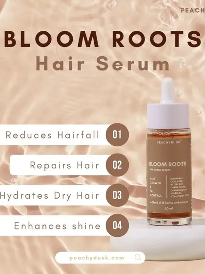 Here are the four key benefits of my Bloom Roots Hair Serum, all in one place. It’s designed to be an all-in-one solution that reduces hair fall, repairs strands, hydrates dryness, and enhances natural shine, simplifying your haircare routine.