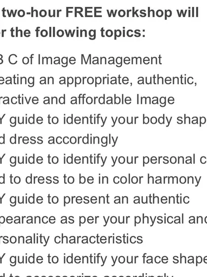 Here's a look at the detailed curriculum for my free Image Management workshop. We cover everything from DIY guides for body shape and color analysis to tips on grooming and etiquette.