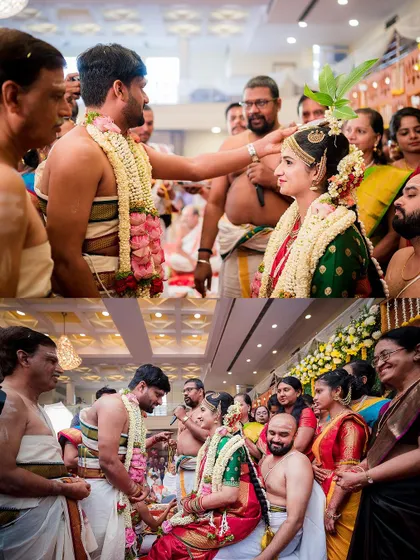 A collage showing the blessings and rituals of a Tambram wedding. We focus on the interactions between the couple and their families.
