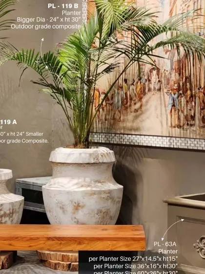 This large, outdoor-grade composite planter has a rustic, antique finish. Its size makes it ideal for a statement tree or a large palm.