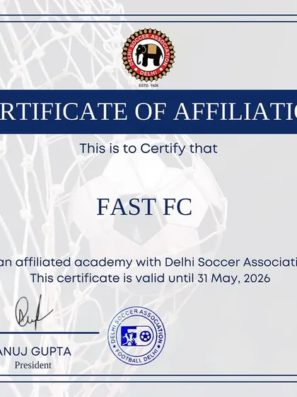 This is our official Certificate of Affiliation with the Delhi Soccer Association. This certification allows our players to compete in official state and national level tournaments, providing a verified pathway for their football careers.