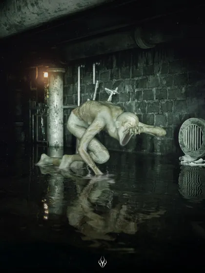 Another view of the underbelly, this time with the creature interacting with the fetid water. The reflection in the water adds depth to the scene, emphasizing the filth and despair of this forgotten part of the park.