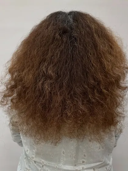 This is a classic "before" for my curly-haired clients. The hair is frizzy and the previous color has left it looking dry. It's the perfect starting point for a corrective color and curl treatment.