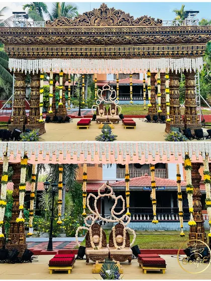 A two-panel view of a grand outdoor mandap, showcasing its temple-inspired architecture and a unique Ganesha motif made of flowers.