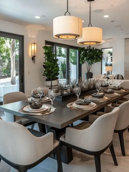 This dining setup is designed for large gatherings, with a long table set for eight. The design feels warm and rustic yet refined, with woven drum pendants, elegant wall sconces, and plenty of indoor plants.