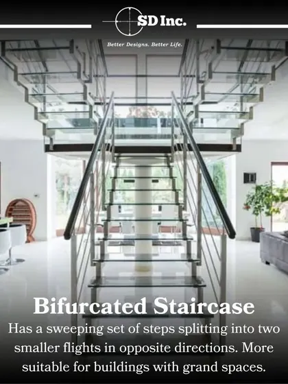 A grand bifurcated staircase, which splits into two smaller flights. This type of staircase is ideal for large, open foyers and adds a sense of formal elegance and symmetry to the building's entrance.