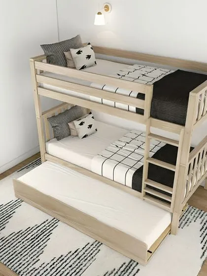 A simple wooden bunk bed with a pull-out trundle bed, perfect for sleepovers.