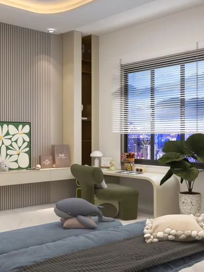 The integrated study desk and TV unit provides ample space for both work and play, with a large window for natural light.