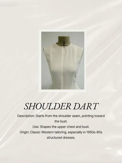 The shoulder dart starts at the shoulder and points toward the bust, sculpting the upper chest. It's common in chic 1950s and 60s dresses with clean, timeless tailoring.