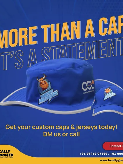 We were proud to create custom headwear for the Karnataka Bulldozers cricket team. This image showcases both a branded bucket hat and a classic baseball cap, demonstrating our ability to produce statement-making accessories for high-profile teams and events.