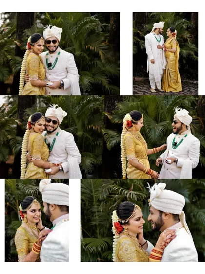 A collage of candid and posed photos of a couple, capturing their fun and romantic interactions on the wedding day.