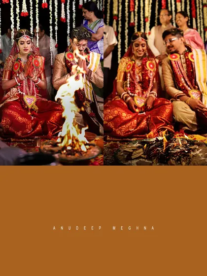 A collage showing the couple participating in the 'Agni Homam', circling the sacred fire during their wedding ceremony.