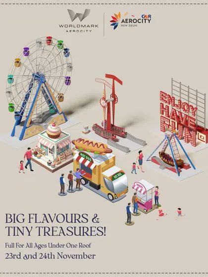 Big flavours and tiny treasures. This graphic illustrates the fun for all ages at the World Food Carnival, featuring rides, food trucks, and a kids' market under one roof.