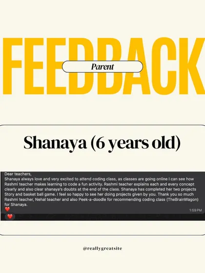 This detailed feedback from Shanaya's parent warms our hearts. We are so glad she is enjoying her online coding class and that our teaching methods are making learning fun and clear for her.