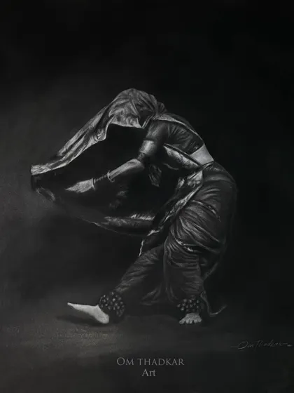 This piece captures the dynamic energy of 'Lavani', a traditional Marathi folk dance. Using charcoal on white paper, I aimed to freeze a moment of fluid motion, emphasizing the graceful posture and the dramatic flow of the saree's fabric against the shadows.