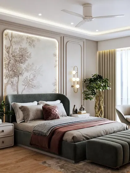 Another angle of the New English-style master bedroom render, showing the comfortable seating nook by the window and the overall sophisticated design.