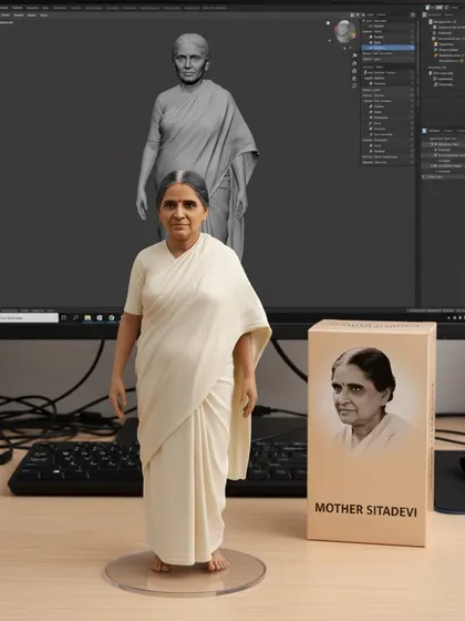 This figurine represents Smt. Sitadevi Ji (1912-2008), affectionately known as Mother. She challenged the notion that yoga was only for men and authored the first book on yoga for women.