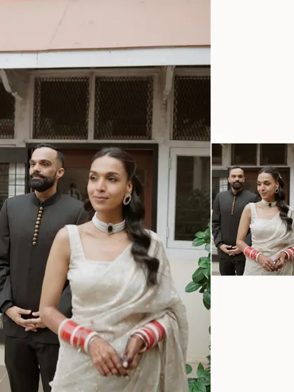A modern, stylish portrait of the engaged couple. The composition of this collage gives it an editorial feel, perfect for showcasing their contemporary style.