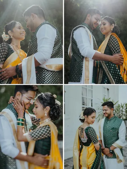 A set of four romantic couple portraits in a garden setting, capturing the couple's chemistry in their beautiful Maharashtrian wedding outfits.