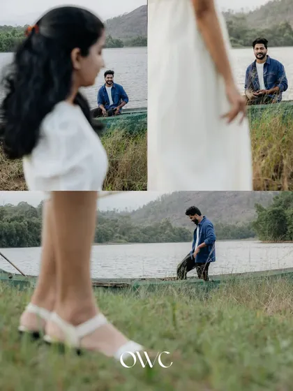 A collage telling a story of a couple and a boat by the lake, with creative framing and focus.