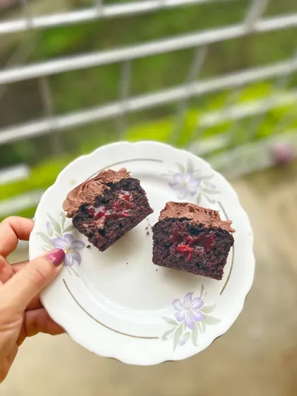 A look inside my chocolate cherry cupcake. Each one has a rich, gooey cherry filling.