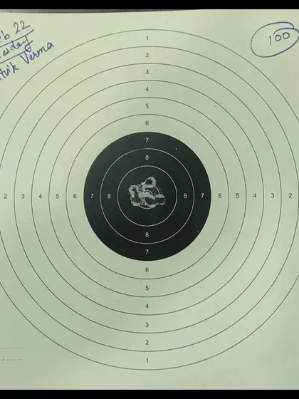 A perfect 100/100 score from our student Ritvik Verma. The tight shot group in the center of the target demonstrates excellent control.