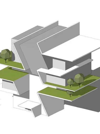 A 3d massing model of scheme 3, showing the addition of green terraces.