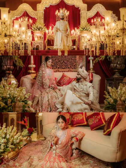A collage showing the regal portraits of Aashna and Akshay on their wedding day, posed on a throne-like sofa, looking like modern royalty.